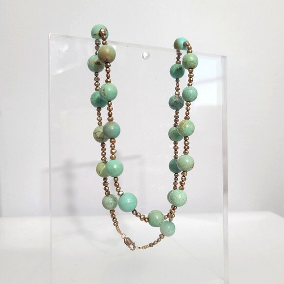 green turquoise beaded necklace w black freshwater pearls and gold filled clasp - Picture 3 of 11
